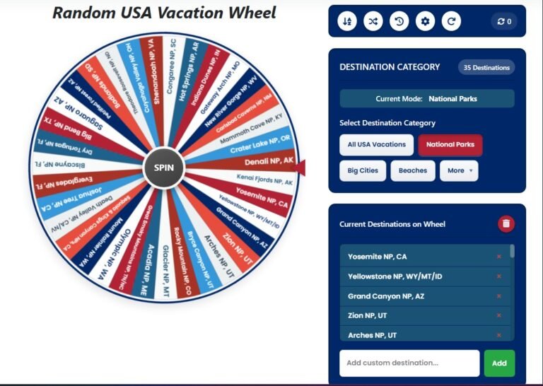 Random US Vacation Generator Wheel – 250+ Destinations!