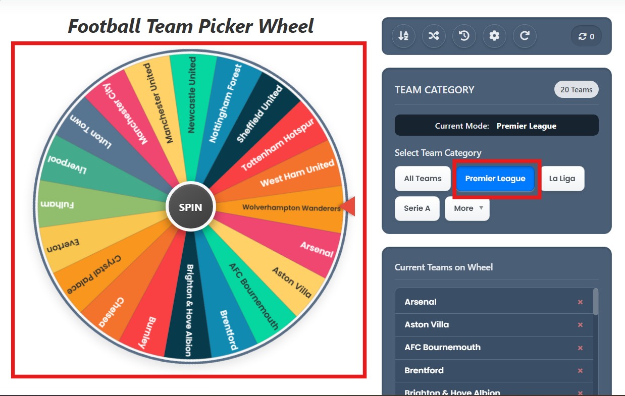 premier league team wheel