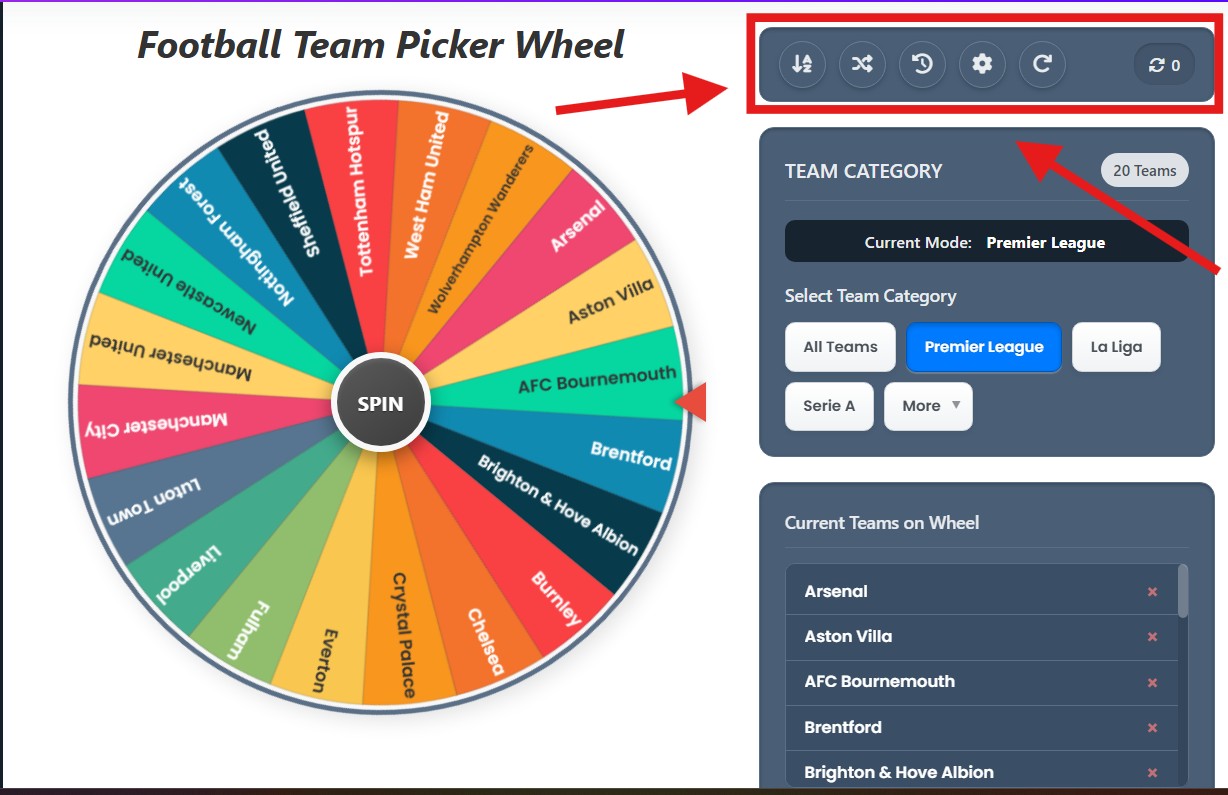 wheel of football teams action button