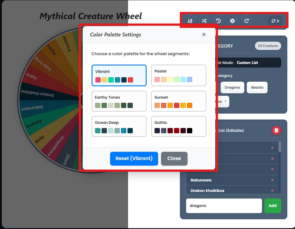 mythical creature generator wheel controls