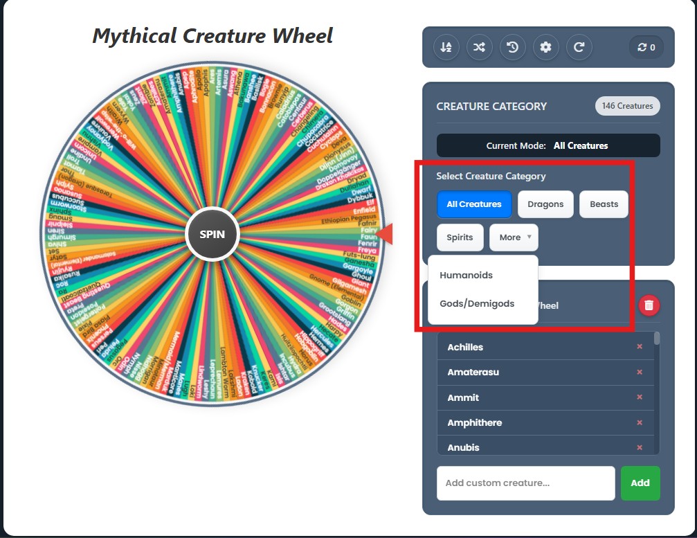 mythical creature wheel categories
