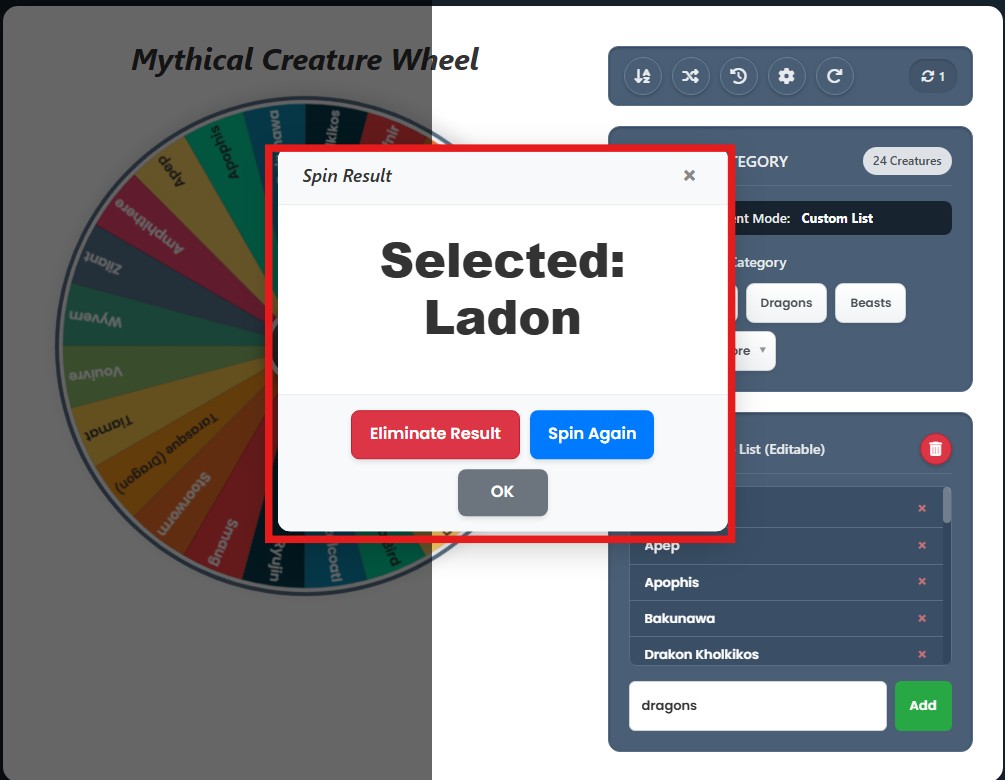 mythical creature wheel result modal