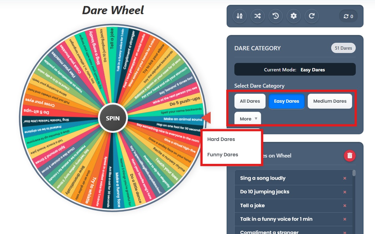 random dare wheel category