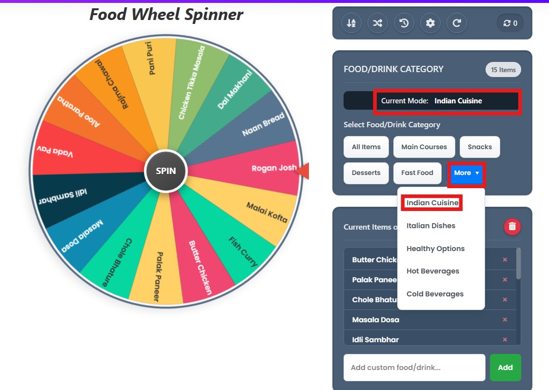 random food picker wheel indian cuisine
