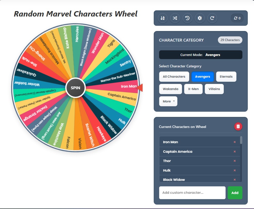 random marvel character wheel