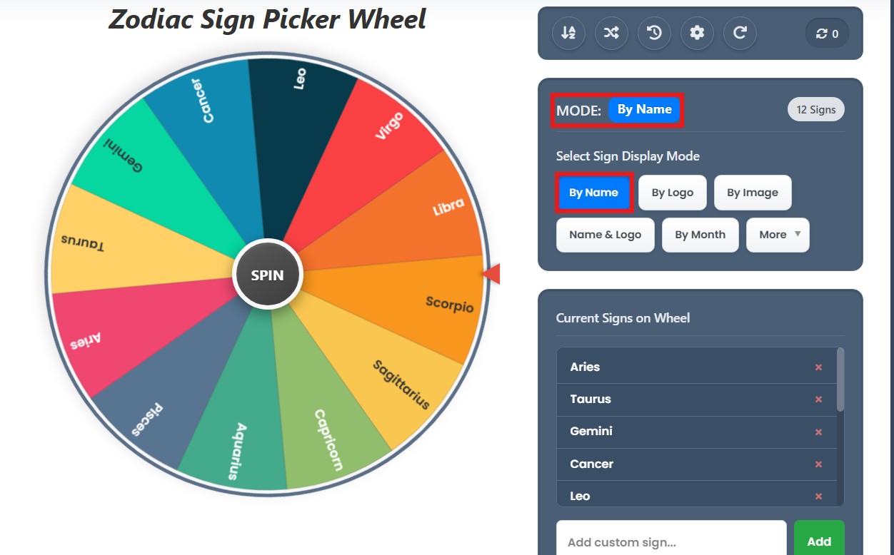 zodiac sign wheel by name