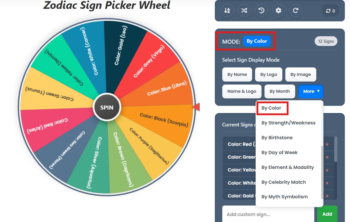 zodiac wheel by color