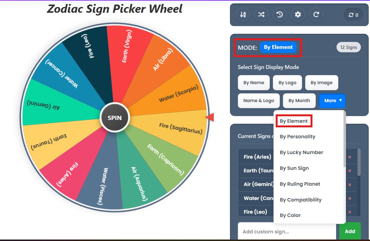 zodiac wheel by elements