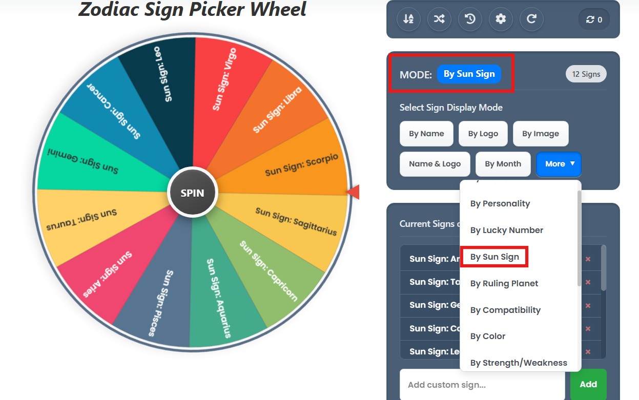 zodiac wheel by sun sign