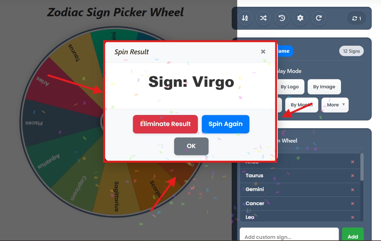zodiac wheel result box