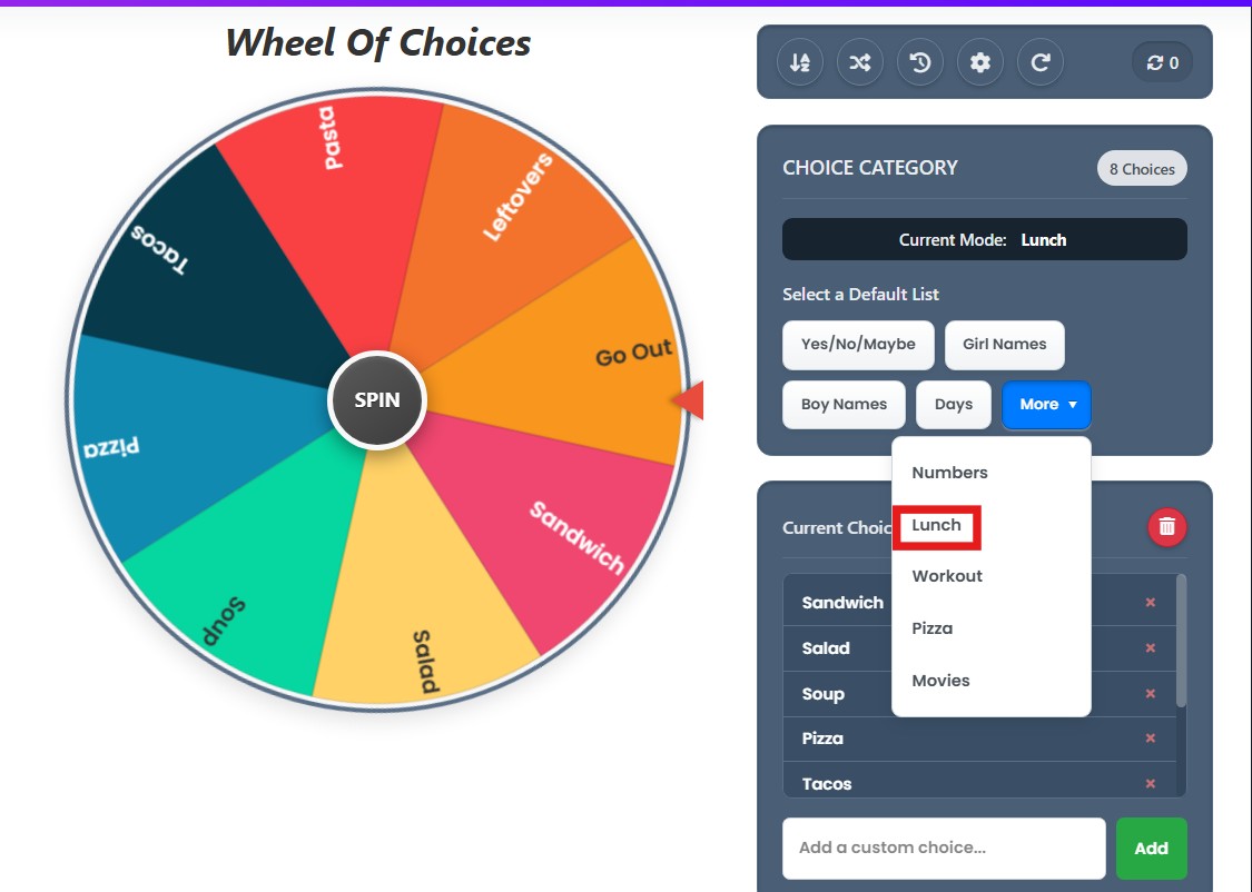 wheel of choice lunch ideas