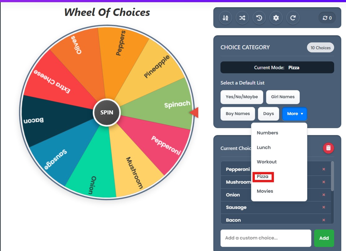 wheel of choice pizza