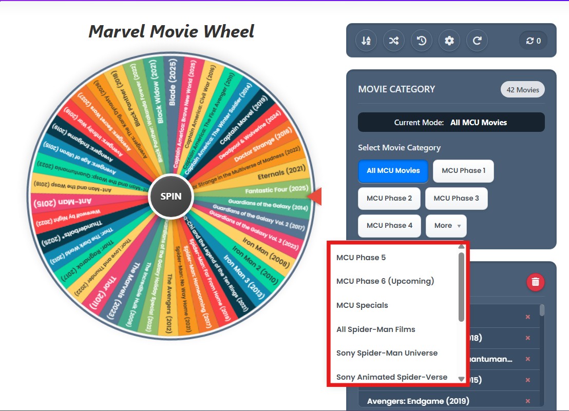 spin the wheel marvel movies