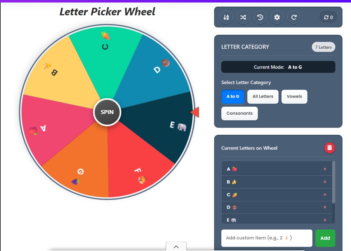 random letter generator a to g